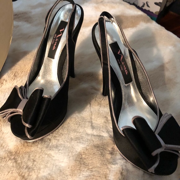 Nina Shoes - Nina black and grey peep toe high heels with bow